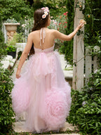 Vestido rosa de niña de las flores, corte en A, de gasa y largo hasta el suelo 