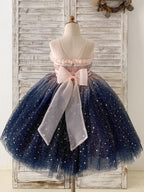 Impresionante vestido de niña azul degradado de tul hasta la rodilla 