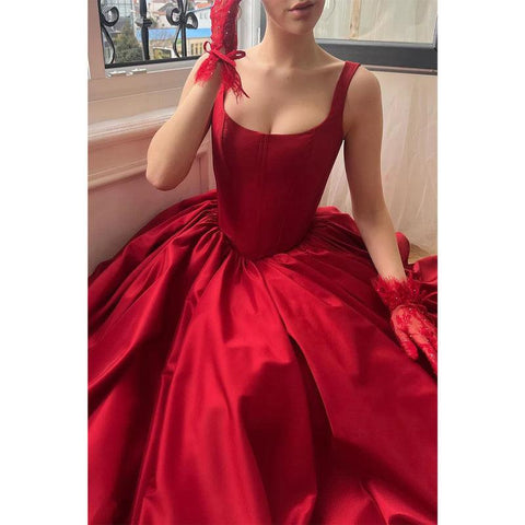 Satin A-line Spaghetti Straps with Side Slit Train Party Prom Evening Dress