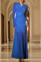 Elegant Solid Metal Accessories Decoration Fold O Neck Evening Dress Dresses(3 Colors)