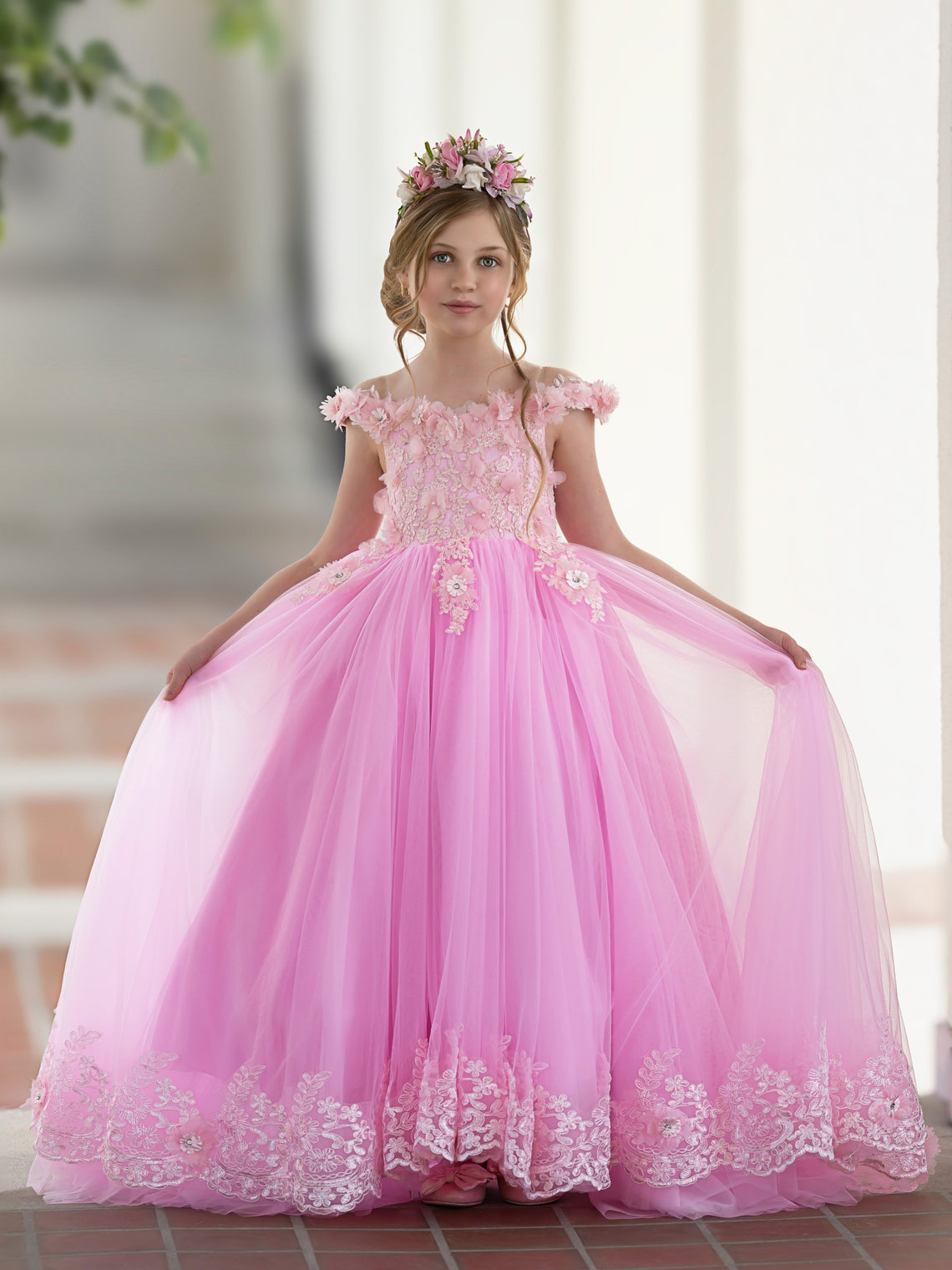 Vestido de gala/princesa rosa con cola de encaje para cumpleaños 