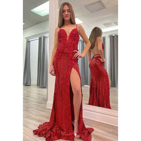 Vestido de fiesta largo con escote en V profundo, tirantes finos, apliques de lentejuelas