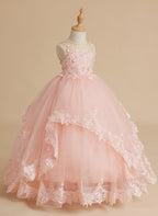 Vestido de princesa sin mangas de tul con apliques de encaje y cola corta para niñas 