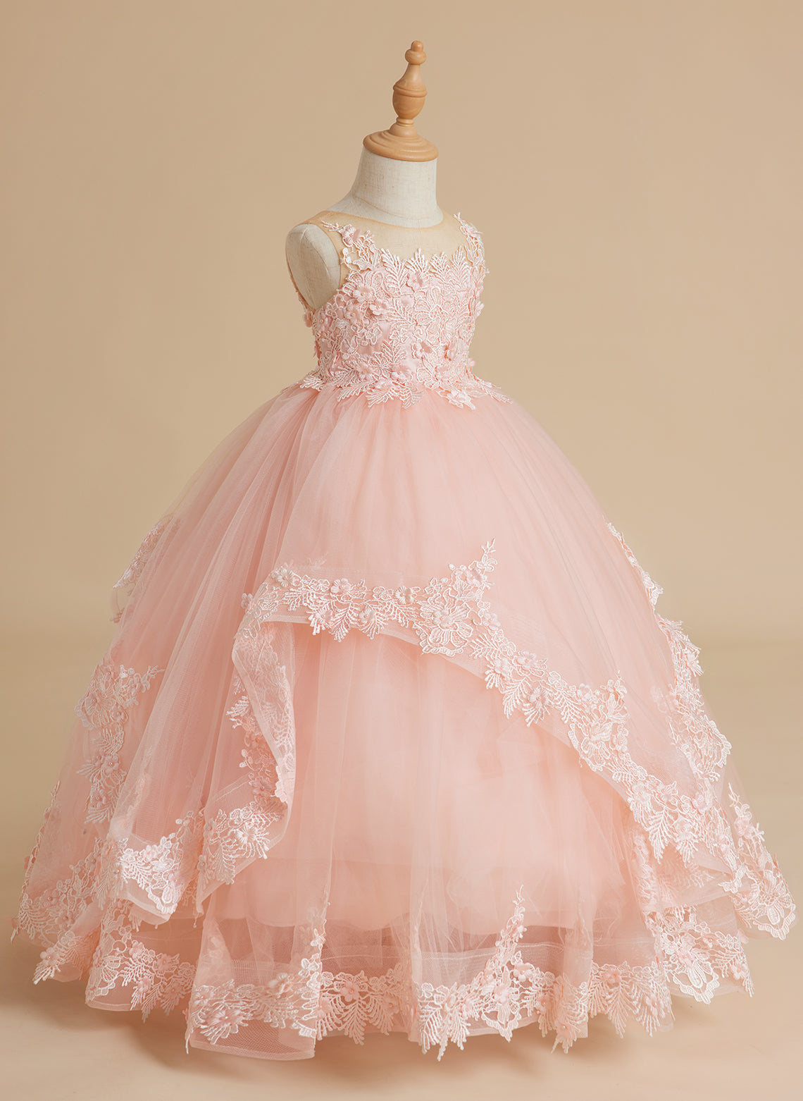 Vestido de princesa sin mangas de tul con apliques de encaje y cola corta para niñas 