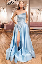 Vestido largo de fiesta azul sin tirantes, corte en A, con abertura