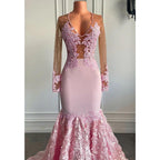 Vestido de fiesta africano de sirena con escote en V, apliques de encaje y mangas largas 