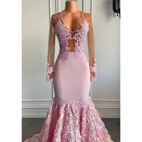 Robe de bal sirène africaine sexy à col en V et manches longues en dentelle 