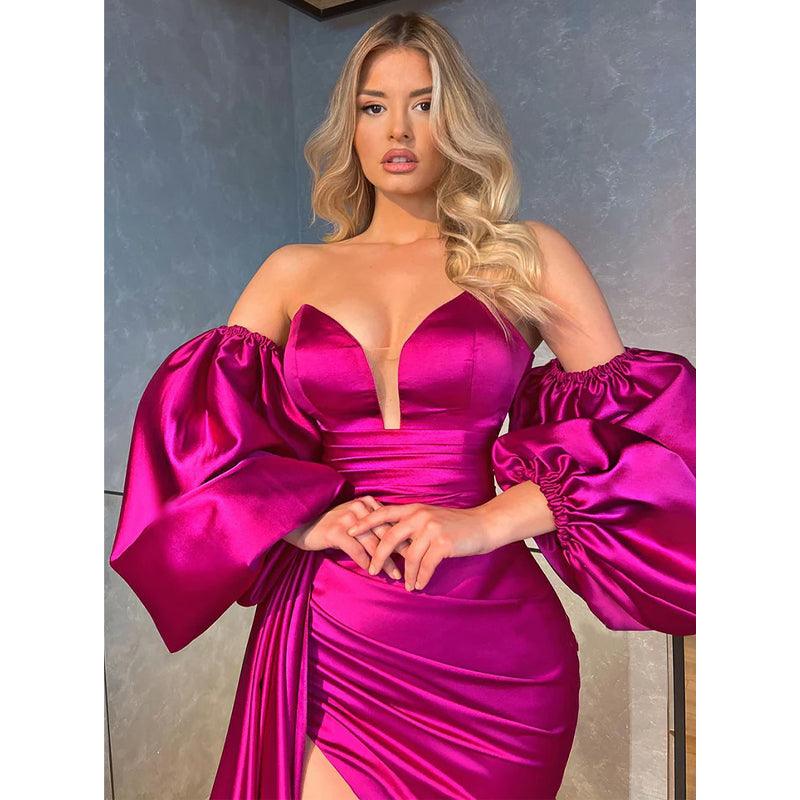 Vestido de noche largo de satén rosa con abertura alta, escote en V, sin tirantes, mangas abullonadas y sexy 