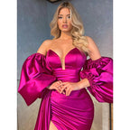Vestido de noche largo de satén rosa con abertura alta, escote en V, sin tirantes, mangas abullonadas y sexy 