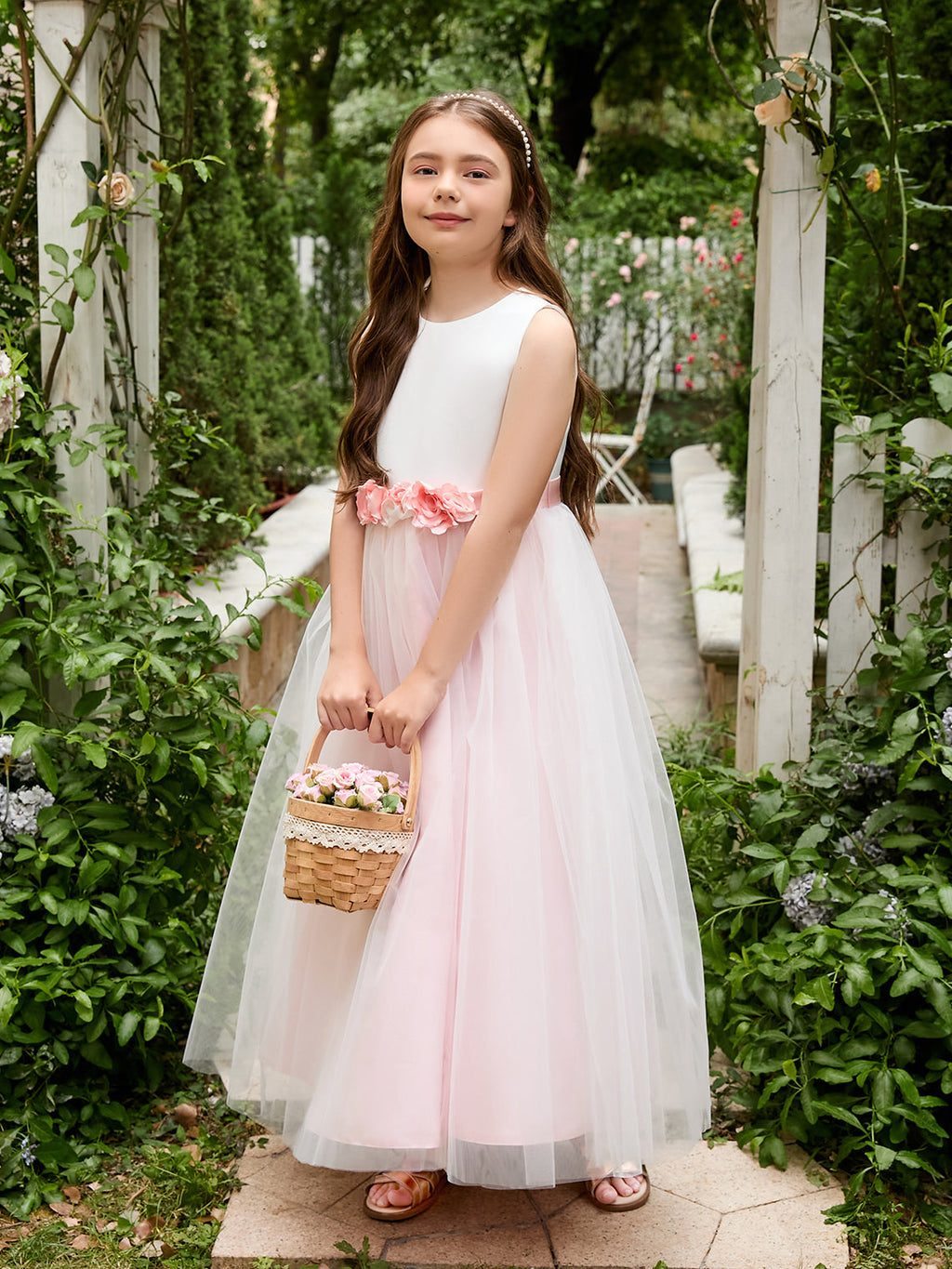 Vestido de niña de las flores de corte A con flores 3D, tul satinado y largo hasta el tobillo 