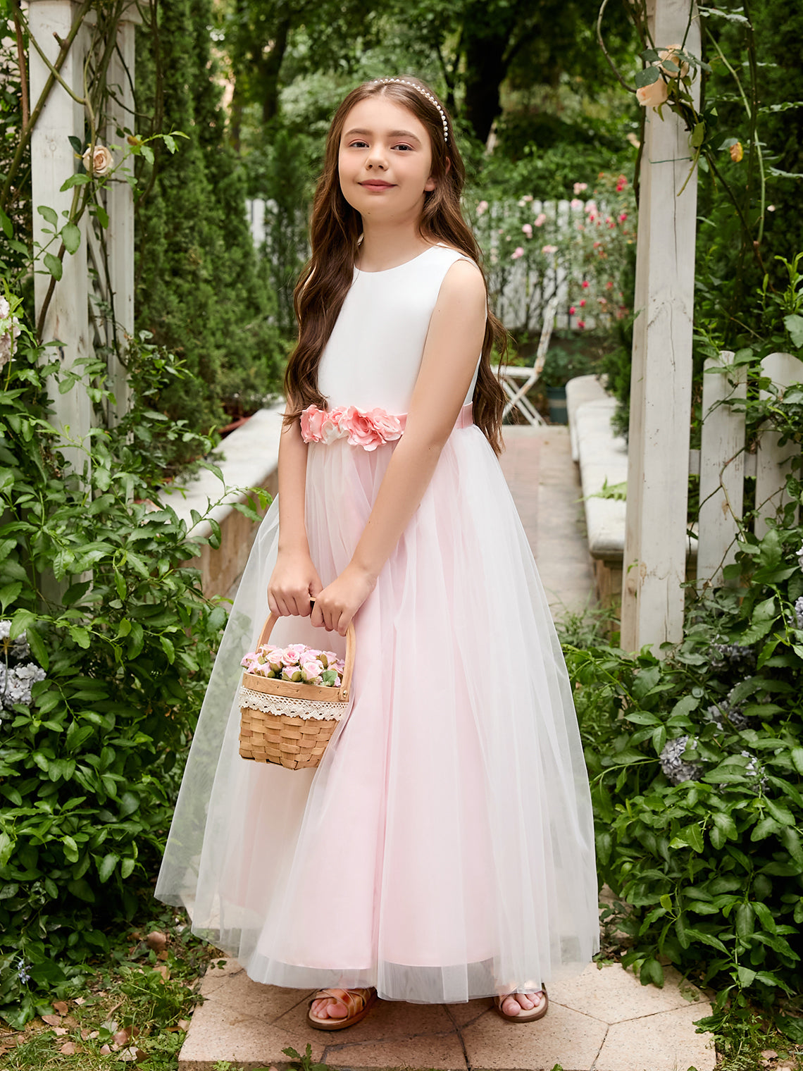 Vestido de niña de las flores de corte A con flores 3D, tul satinado y largo hasta el tobillo 