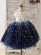 Impresionante vestido de niña azul degradado de tul hasta la rodilla 