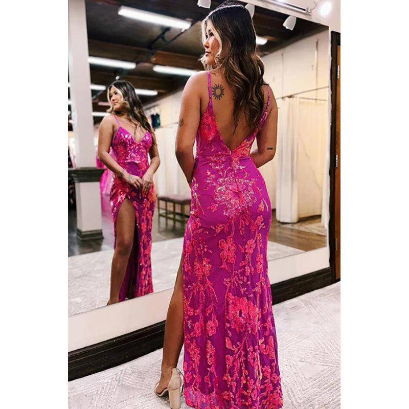 Vestido de fiesta largo estilo sirena con escote en V y encaje con lentejuelas fucsias