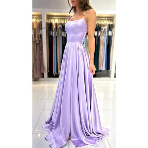Robe de soirée longue en satin à bretelles spaghetti et fente