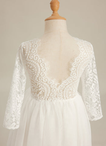 Vestido de niña de las flores de tul, manga larga, corte línea A, encaje blanco angelical 