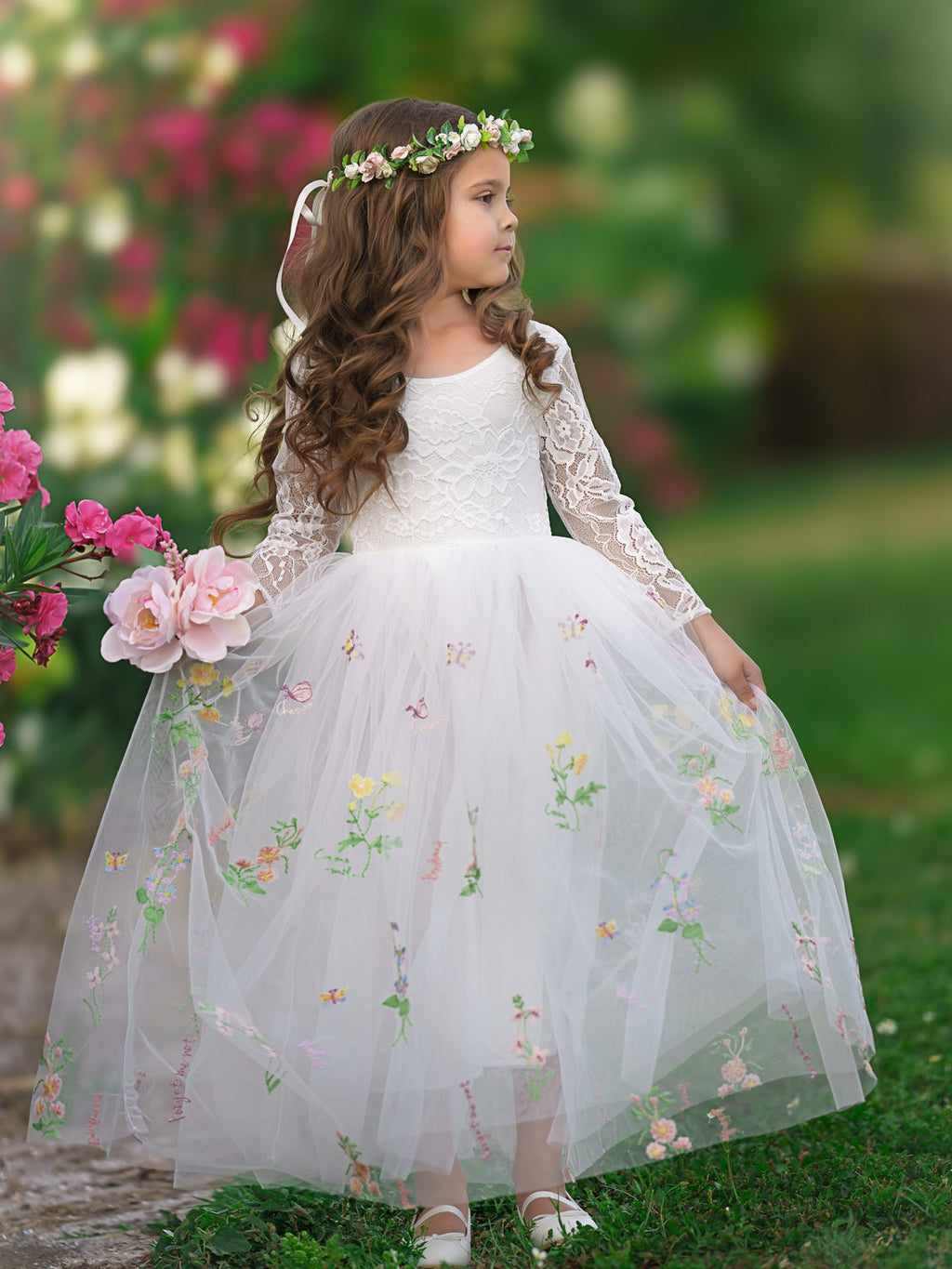 Vestido de niña de las flores de jardín, de tul bordado con encaje floral, corte en A y largo hasta el suelo 