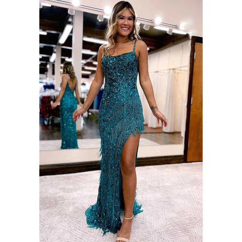 Robe de bal longue à bretelles spaghetti, paillettes, perles appliquées, fourreau et fente