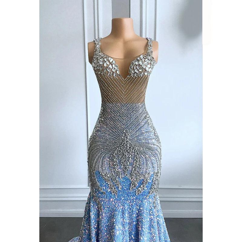 Vestido de noche de fiesta glamuroso y dramático con volantes, pedrería, escote en V, sin mangas y lentejuelas