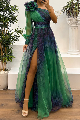 Vestidos de noche sexys para baile de graduación con estampado floral, abertura, malla en forma de flor y hombros caídos (6 colores) 