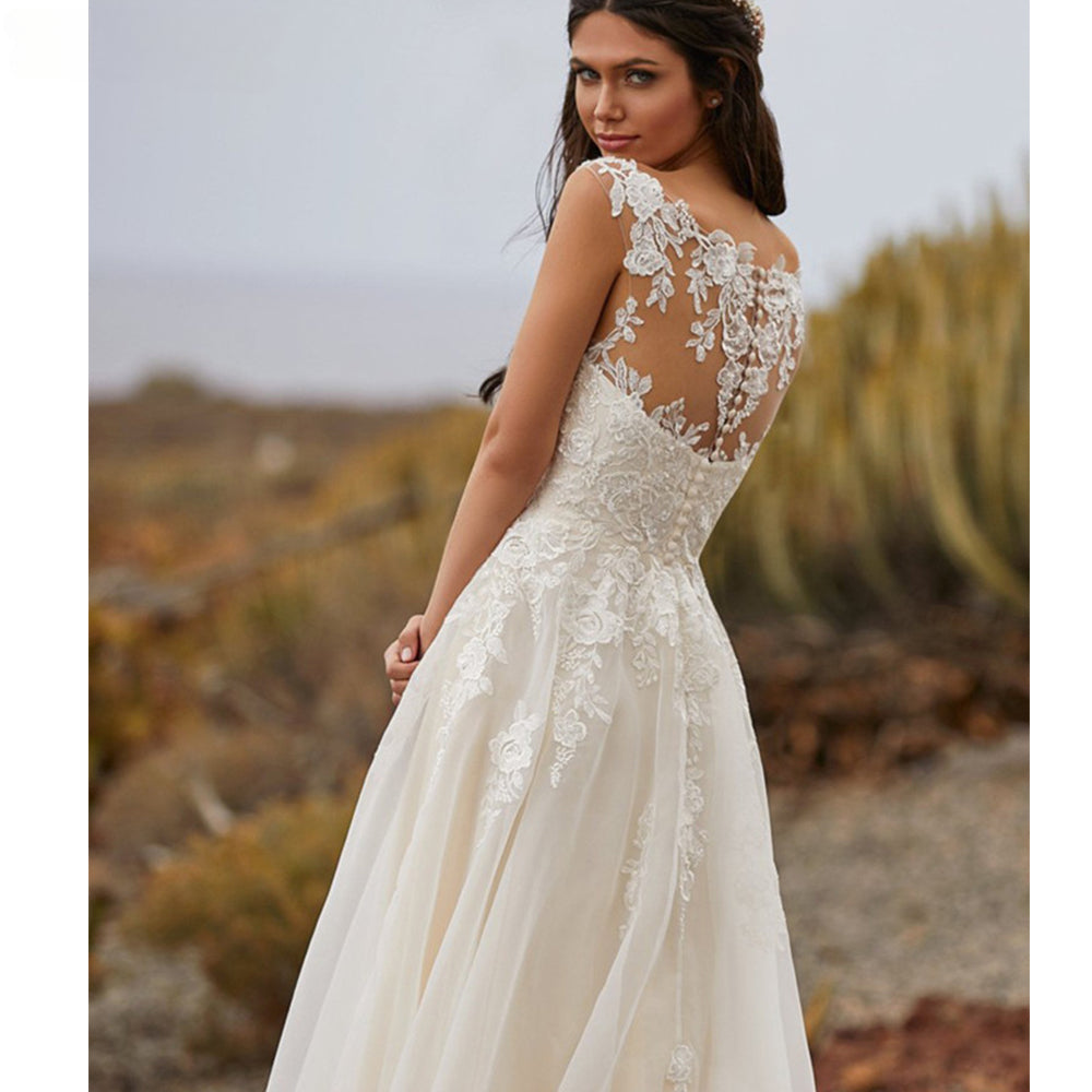 Vestidos de novia sencillos de corte A 2023, sexys, con escote en V, sin mangas, apliques de encaje, cola de barrido, para mujer, vestidos de novia con botones en la espalda, tipo bata. 