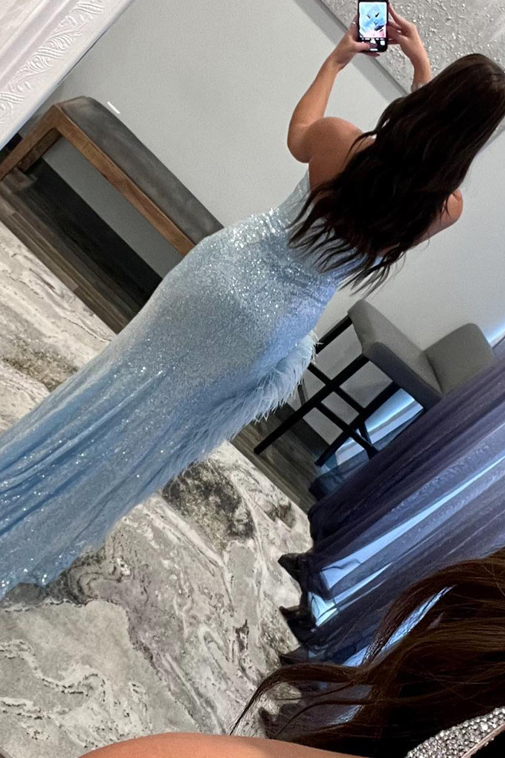 Sheath Sweetheart Lilac Sequins Long Prom Dress with Feather