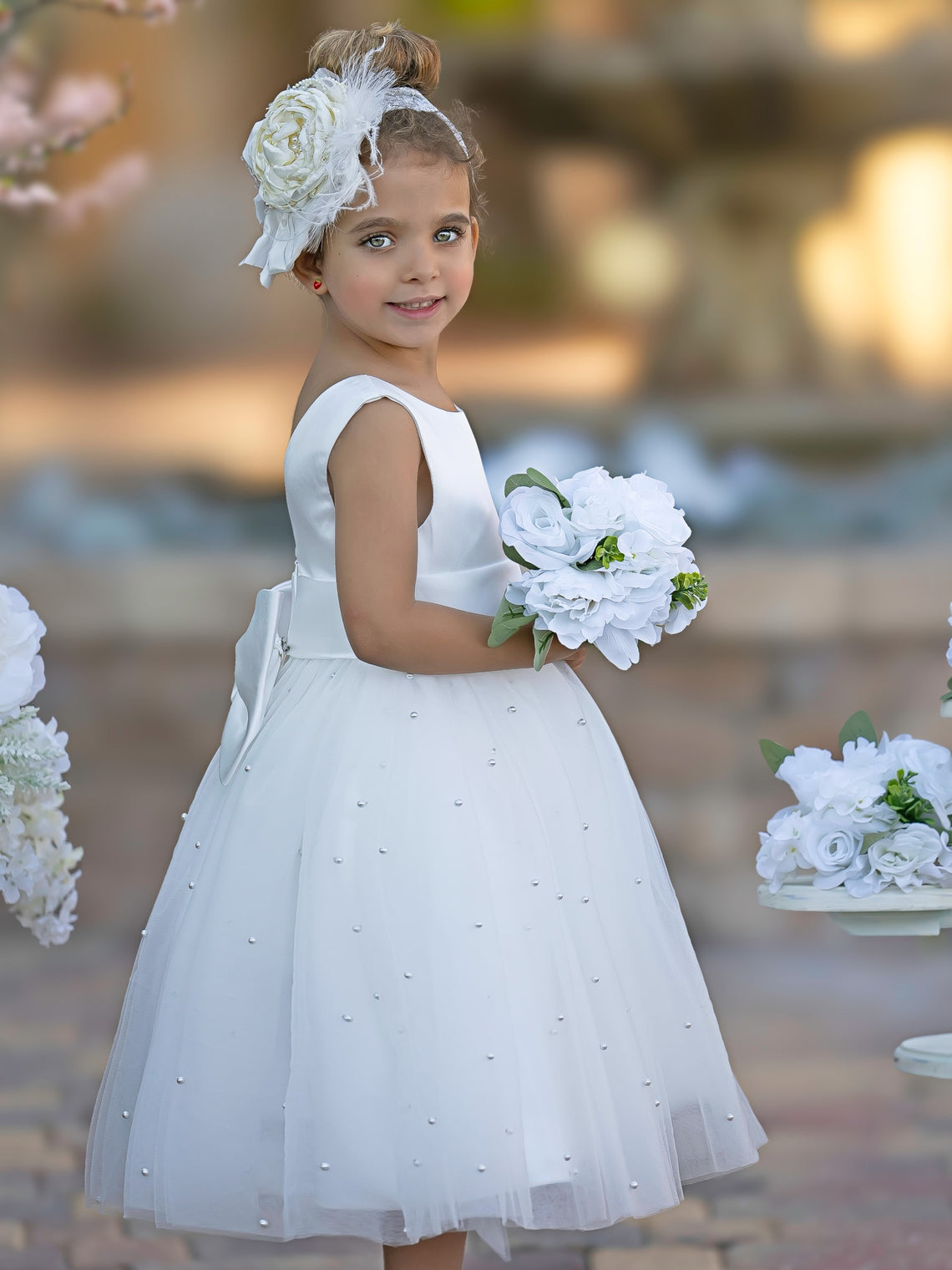 Vestido de princesa/vestido de princesa de satén y tul hasta la rodilla para niña de las flores 