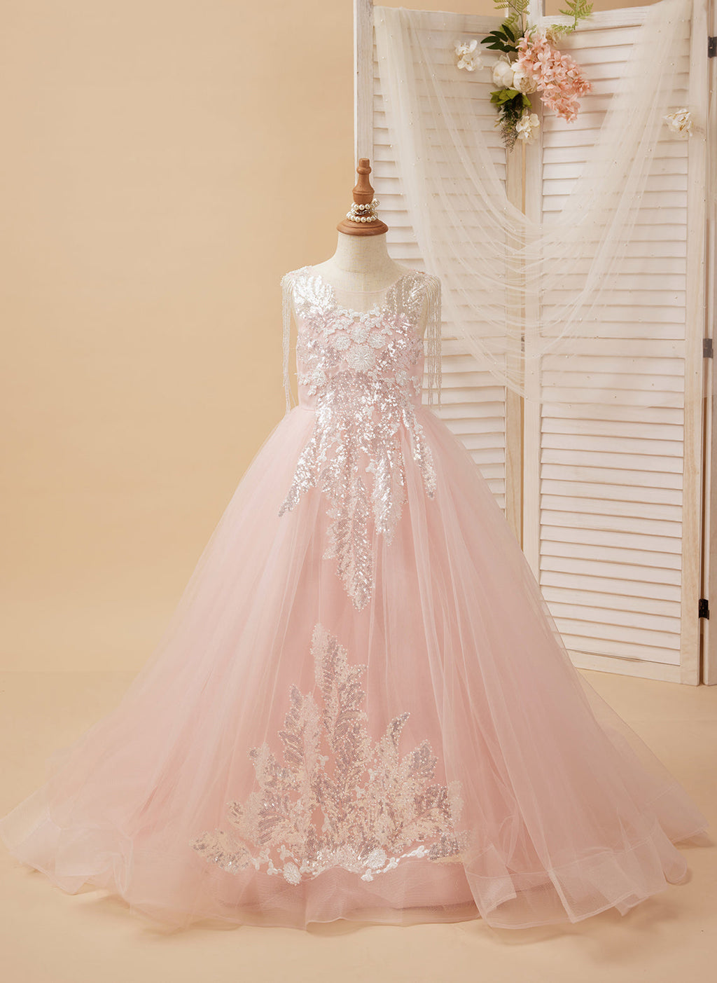 Vestido de princesa/vestido largo de tul satinado rosa para niña de las flores 