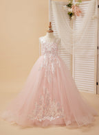 Vestido de princesa/vestido largo de tul satinado rosa para niña de las flores 