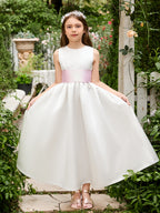 Vestido de novia de satén color marfil con lazo | Vestido de tul hasta el tobillo (010007314) 