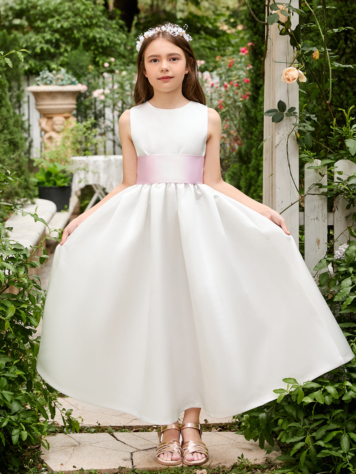 Vestido de novia de satén color marfil con lazo | Vestido de tul hasta el tobillo (010007314) 