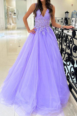 Gorgeous A Line V Neck Purple Long Prom Dress with Appliques