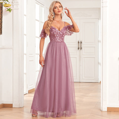 Vestido largo de fiesta para mujer, elegante, con hombros descubiertos, tirantes, manga larga, escote en V doble, tul, bordado de lentejuelas y corte acampanado. 