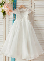 Vestido de niña de las flores color marfil, corte en A, de organza de encaje, hasta el tobillo 