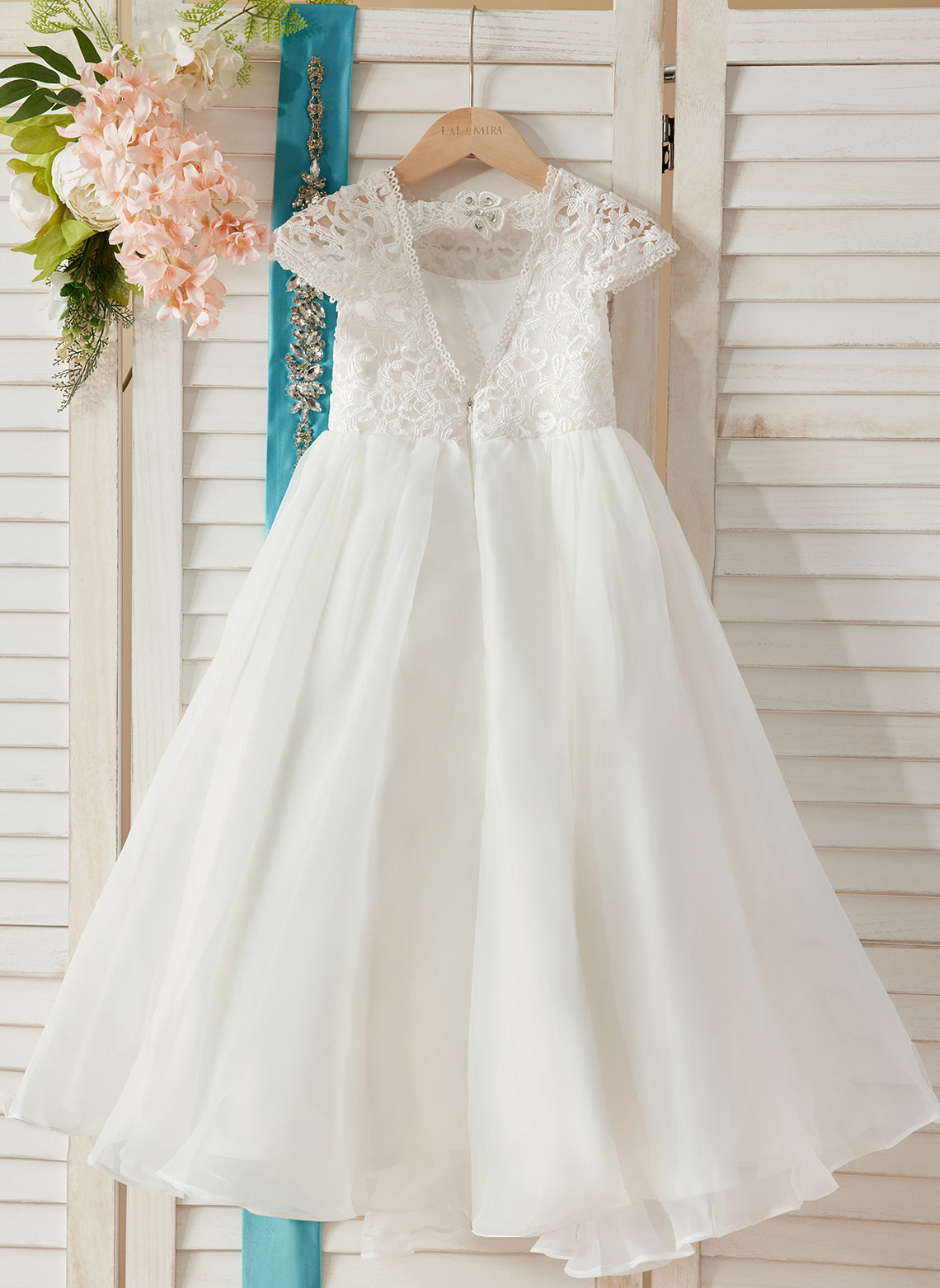 Vestido de niña de las flores color marfil, corte en A, de organza de encaje, hasta el tobillo 