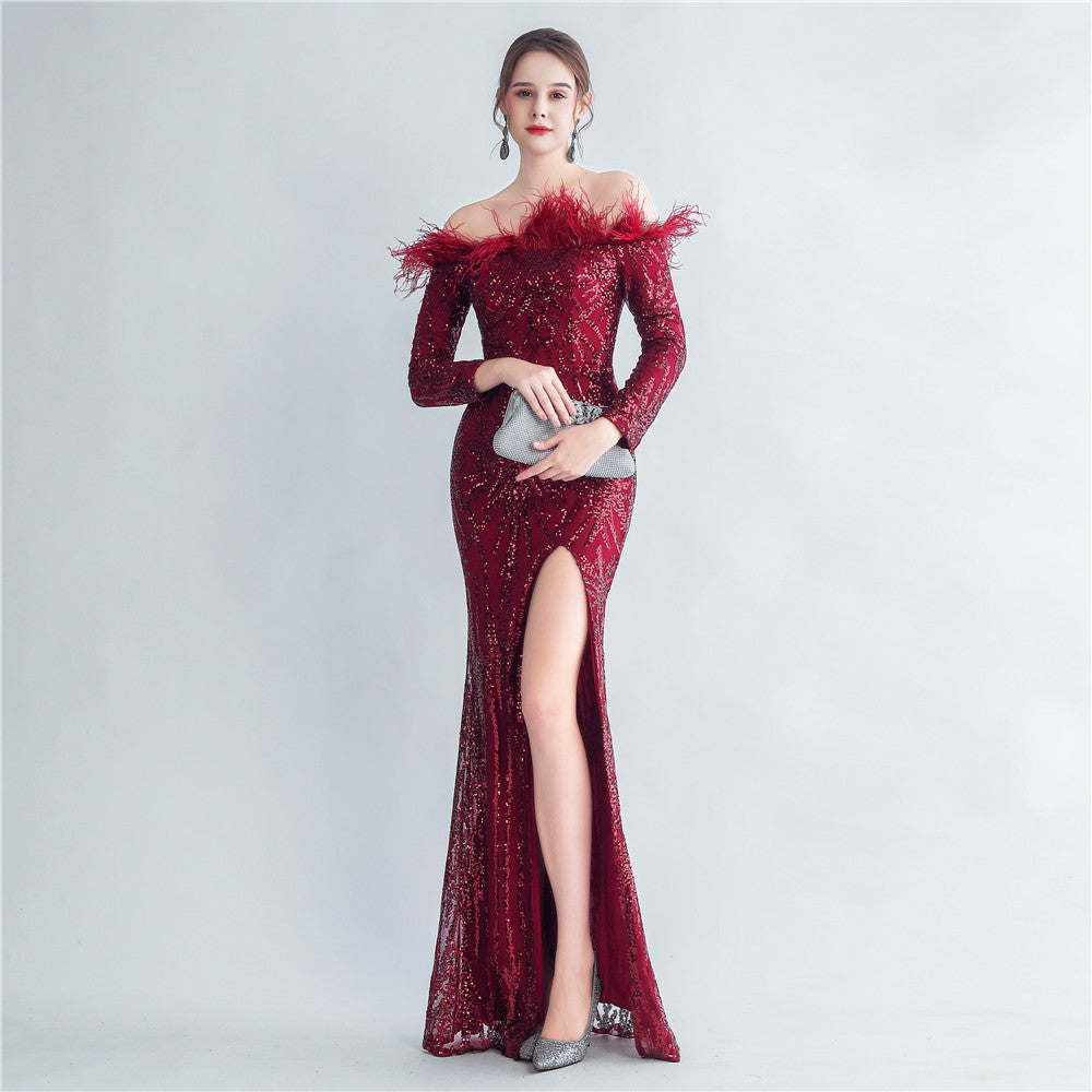 High Density Ostrich Hair Sequin Off Shoulder Fishtail Evening Dress