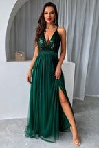 Vestido de fiesta con lentejuelas y escote en V