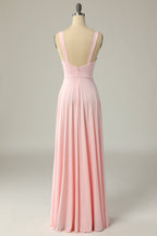 Robe de bal longue jaune classique trapèze à col en V et fente sur le devant