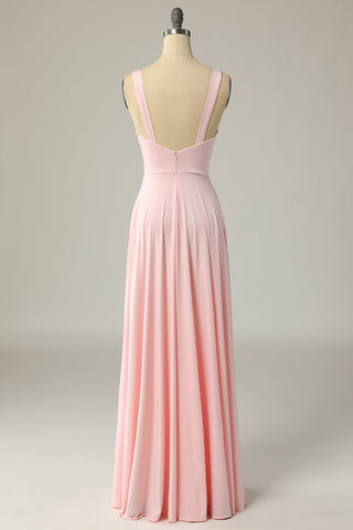 Vestido largo de fiesta amarillo clásico de corte A con escote en V y abertura frontal