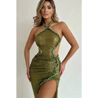 Vestido de fiesta largo de noche verde con lentejuelas y cuentas, sexy y ajustado con cuello halter 