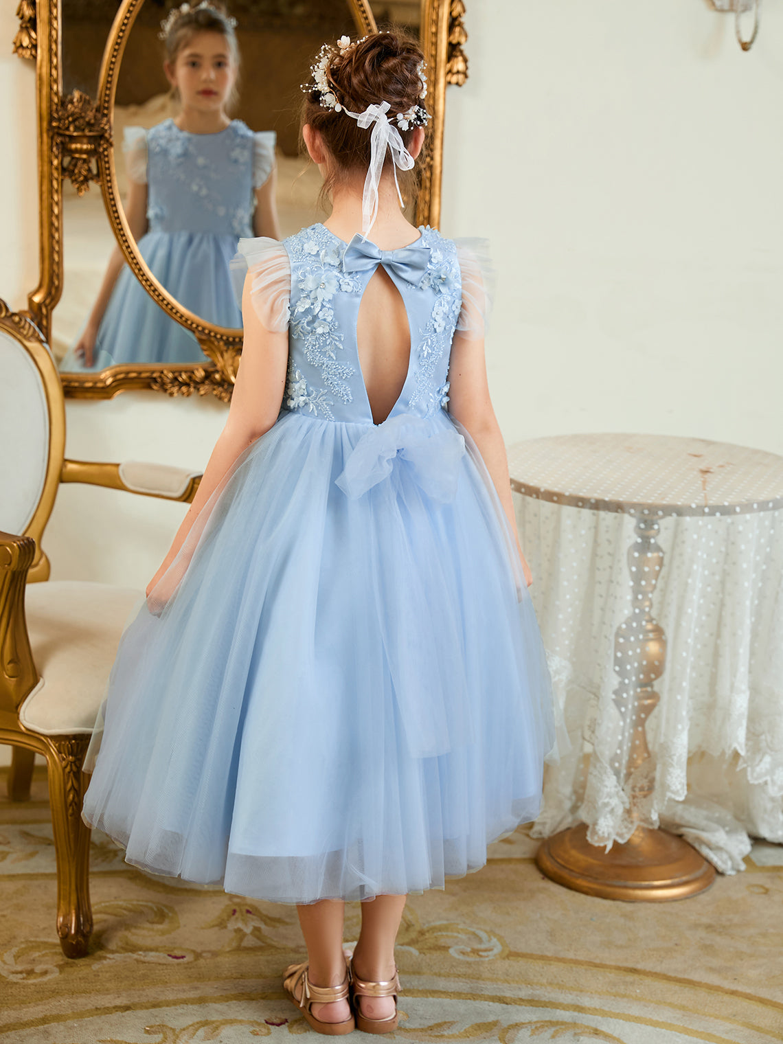 Vestido de baile/princesa de satén y tul azul hasta la rodilla (2003225970) 