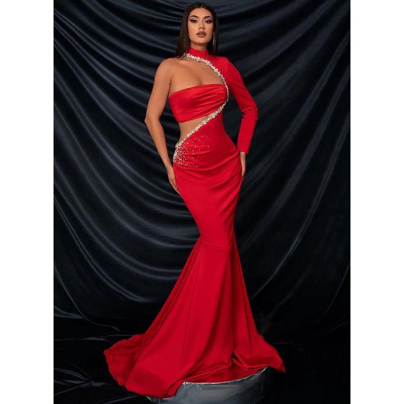 Robe de soirée sexy et ajustée à col haut, plissée et perlée, sans bretelles, en satin, manches longues 
