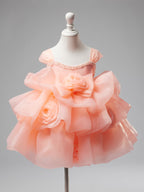 Vestido de organza con flores 3D hasta la rodilla para fiesta de primer cumpleaños de niña 