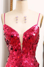 Robe de bal longue sirène violette scintillante à fines bretelles et fente