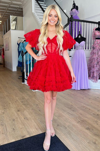 Unique A Line Off the Shoulder Fuchsia Tulle Corset Homecoming Dress