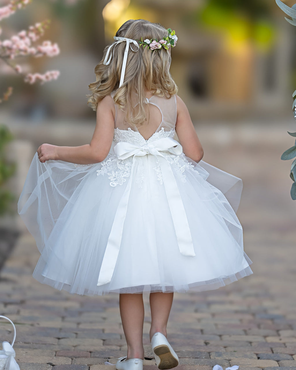 Vestido de niña de las flores para la Primera Comunión, de tul y encaje hasta la rodilla 