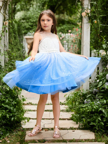 Vestido de princesa/vestido de tul azul hasta la rodilla para niña de las flores 