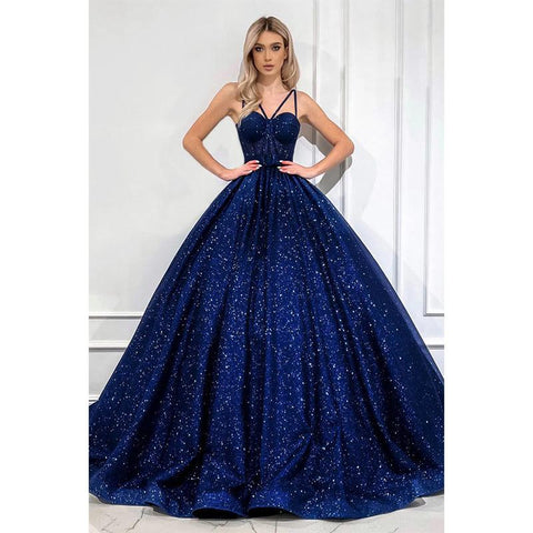 Robe de bal trapèze scintillante à bretelles spaghetti et poches 