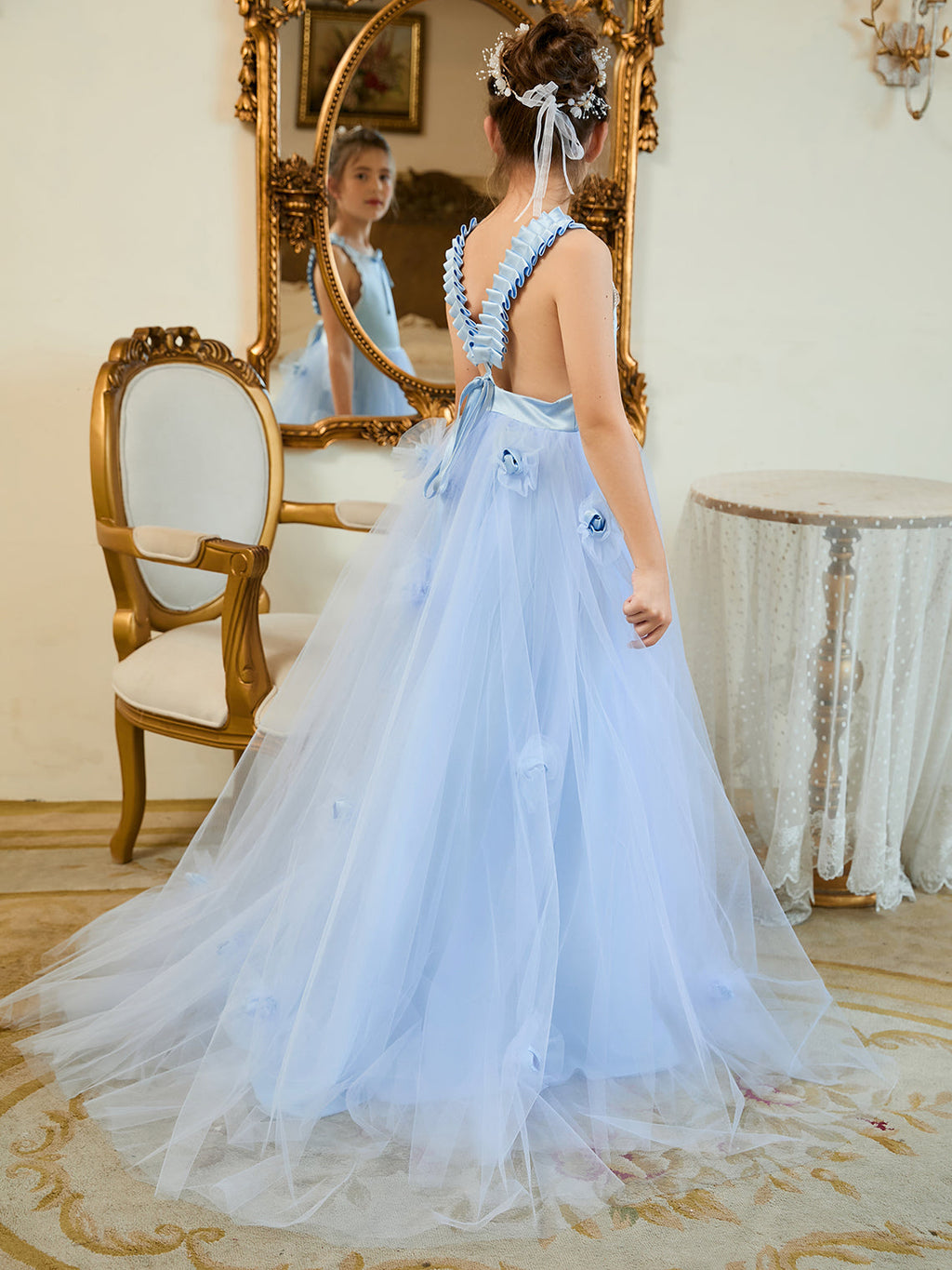 Vestido de niña de las flores azul con cola de tul estilo princesa/baila de baile 