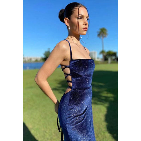 Robe de bal longue fourreau en velours scintillant à bretelles spaghetti