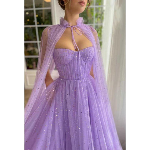 Vestido de fiesta largo de tul con escote en forma de A y tirantes finos con chal